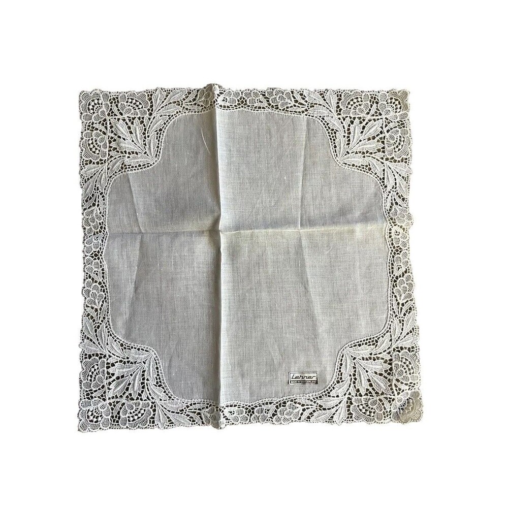 Vtg NEW Lehner Swiss Linen Handkerchief Brode Main Fine Embroidered Bridal